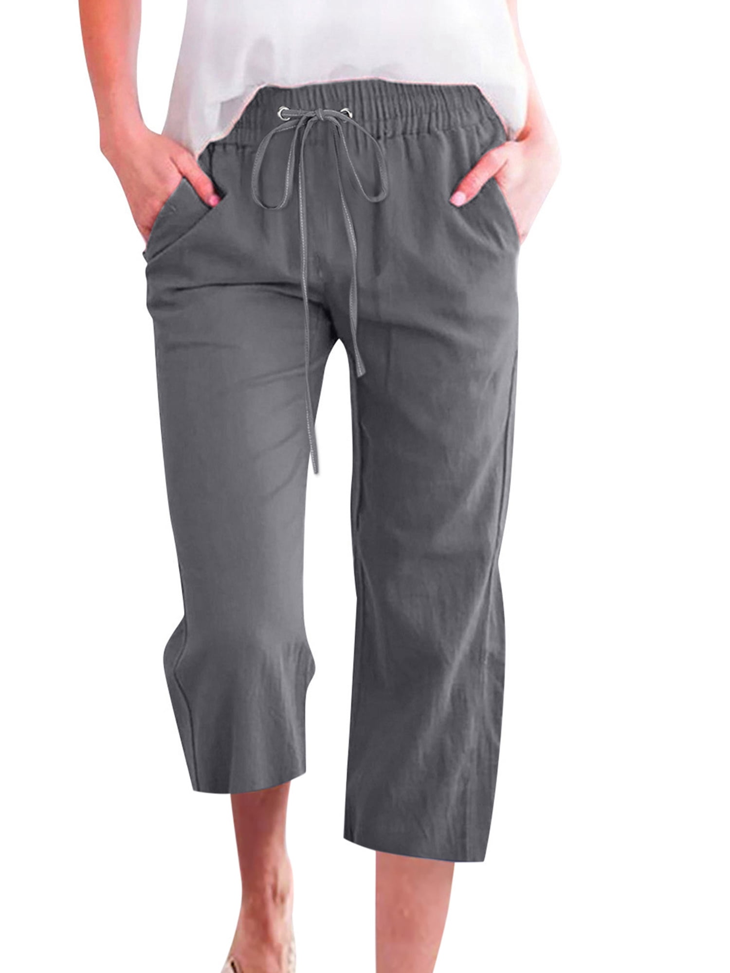 Innerwin Women's Solid Color Loose Wide Leg Capri Pants, Dark Gray, XL
