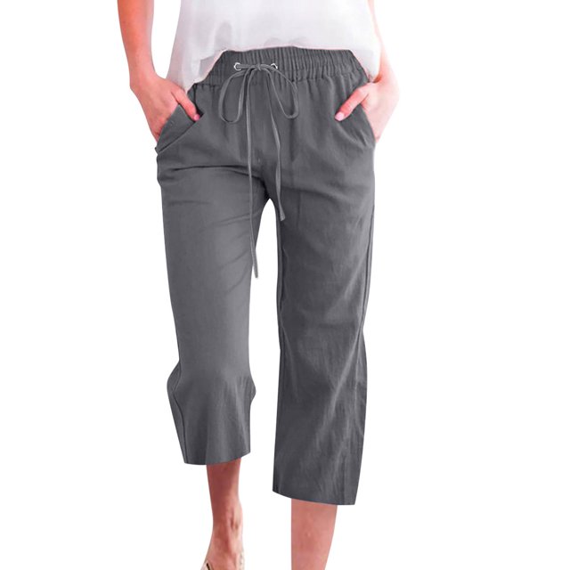 Innerwin Women's Solid Color Loose Wide Leg Capri Pants with Drawstring Waist, Dark Gray, S