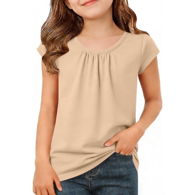 EGNMCR T-shirt Plissé à Manches Courtes et Col Rond Uni pour Enfants, Printemps et Été, Haut en polyester pour Enfants