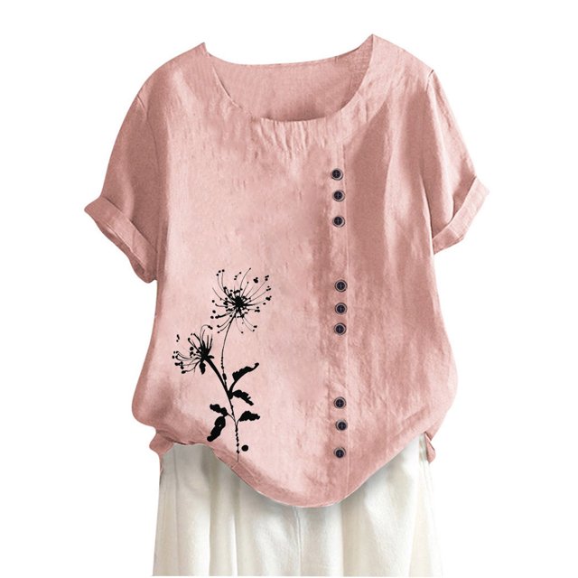 Cameland Hauts pour Femmes Col Rond Manches Courtes Imprimé Floral Chemise Ample