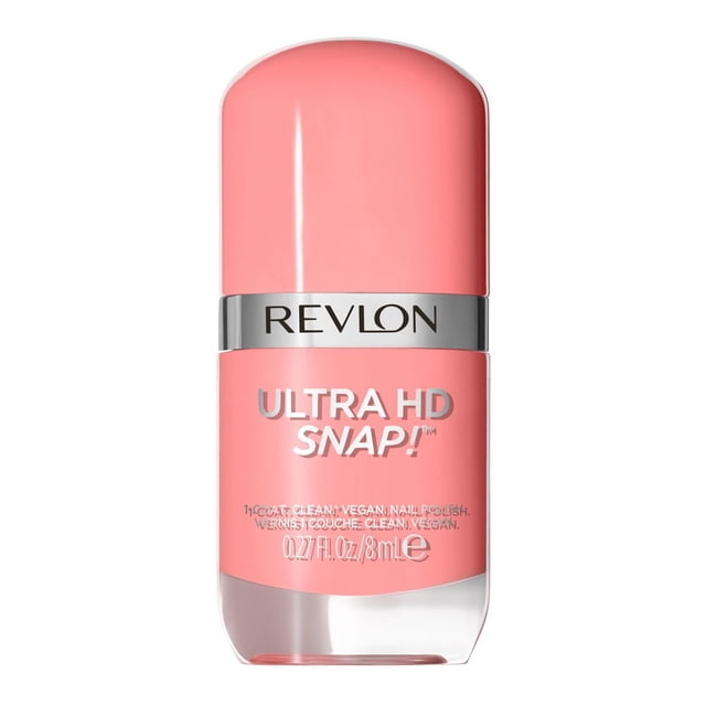 Revlon Ultra HD Snap Vegan Glossy Nail Polish 8mL in coral pink with a rounded cap and silver band featuring the Revlon logo, designed for quick-drying, one-coat full coverage and an ergonomic flat brush for smooth, streak-free application, ideal for easy at-home manicures.