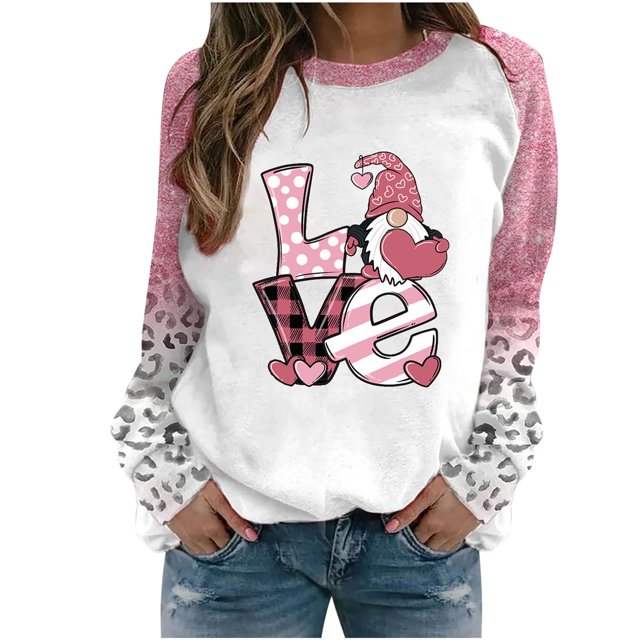 VALMASS Plus Size Valentine'S Day Sweatshirts à Manches Raglan Imprimé de Mode Hauts Confortables Décontractés Sweat-Shirts à Tunique (M, Pink-D)