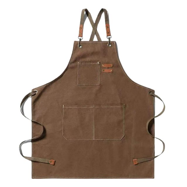 Work Apron Thick Sleeveless Breathable Unisex Multi-pockets Storage Cotton Cross Back Kitchen Apron for Home. Made of durable cotton material with a brown finish, it features adjustable cross-back straps (150cm) and multiple pockets, including a 34cm pocket for storage. The apron measures 76cm in length and 68cm in width, providing full coverage from chest to knee to protect against cooking grease, spills, and stains. Perfect for kitchen linens in home kitchens, restaurants, cafes, and more.