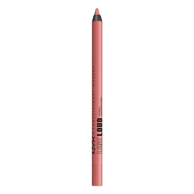 NYX PROFESSIONAL MAKEUP Line Loud Waterproof Lip Pencil in soft muted pink with matte finish, featuring black printed branding on the barrel, vegan formula infused with vitamin E for smooth, long-lasting, smudge-resistant lip lining.