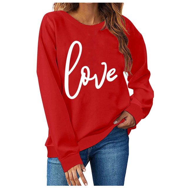 TIMIFIS Chandails à Col Rond pour Femmes Mode Mignon Imprimé Amour Chandail à Manches Longues Haut Décontracté Chandail à Cœur Chemises Tenue de la Saint-Valentin Femmes - Printemps/été