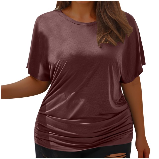 Timegard Womens Tops Plus Size Side Ruched Drop Shoulder Crewneck Short Sleeve Workout Top Comfy Casual