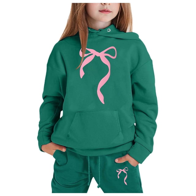 FhsagQ Outfits for Girls Children's Hoodie Set with Bow Print Girls Spring Outfits Size 8-9 Spring Dark Green 3-4Years