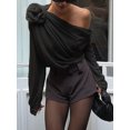 thumbnail image 5 of Gupgi Women Ruched Chiffon Tops One Shoulder Long Sleeve 3D Floral Mesh Shirt Solid Color Blouse, 5 of 5