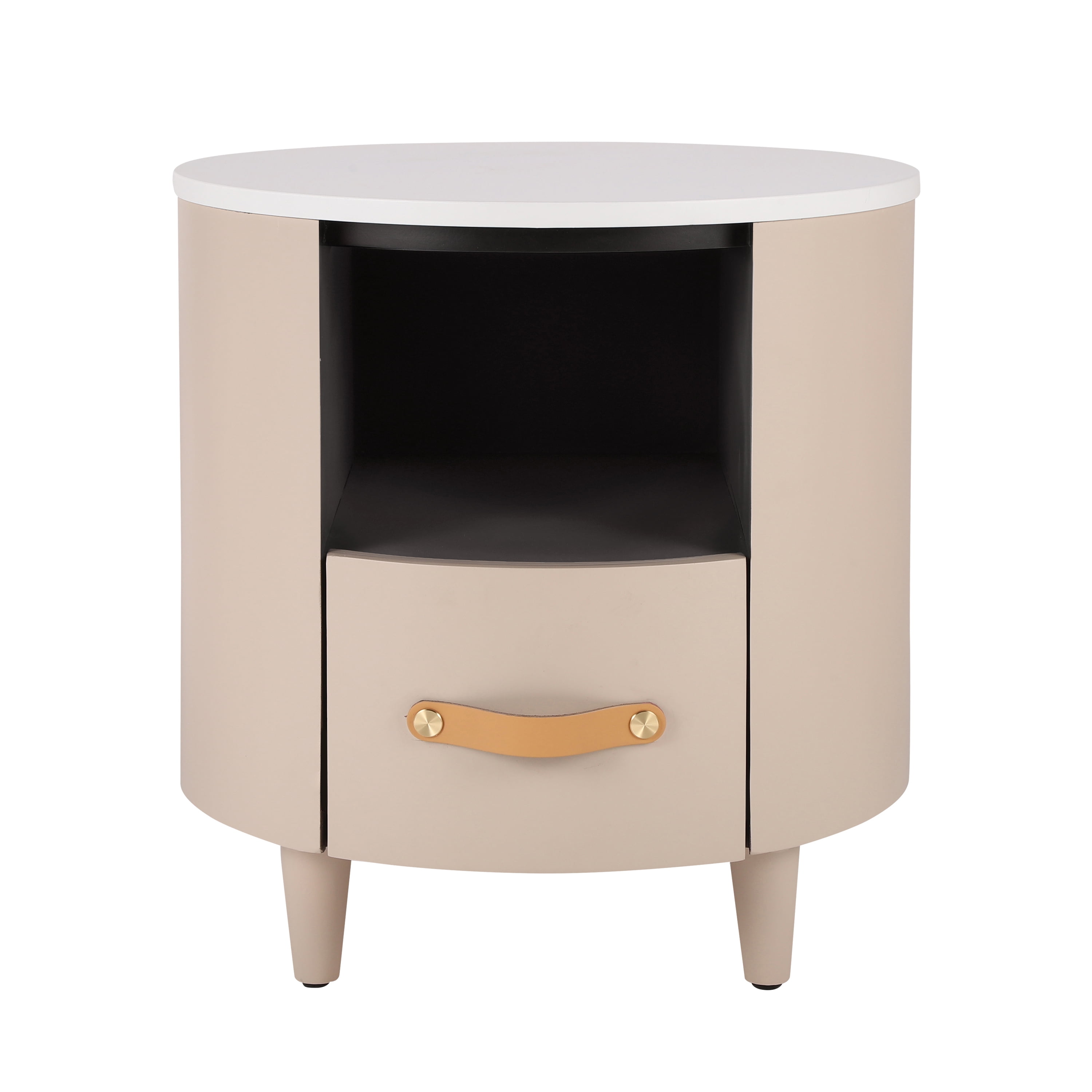Noble House Modern Round Nightstand with Drawer and Open Shelf, Curved Bedside Table,Khaki