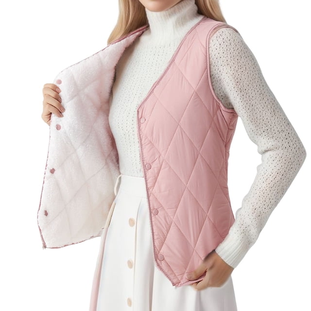 Womens Quilted Vest Stand Collar Lightweight Resin Button Fleece Vest Gilet