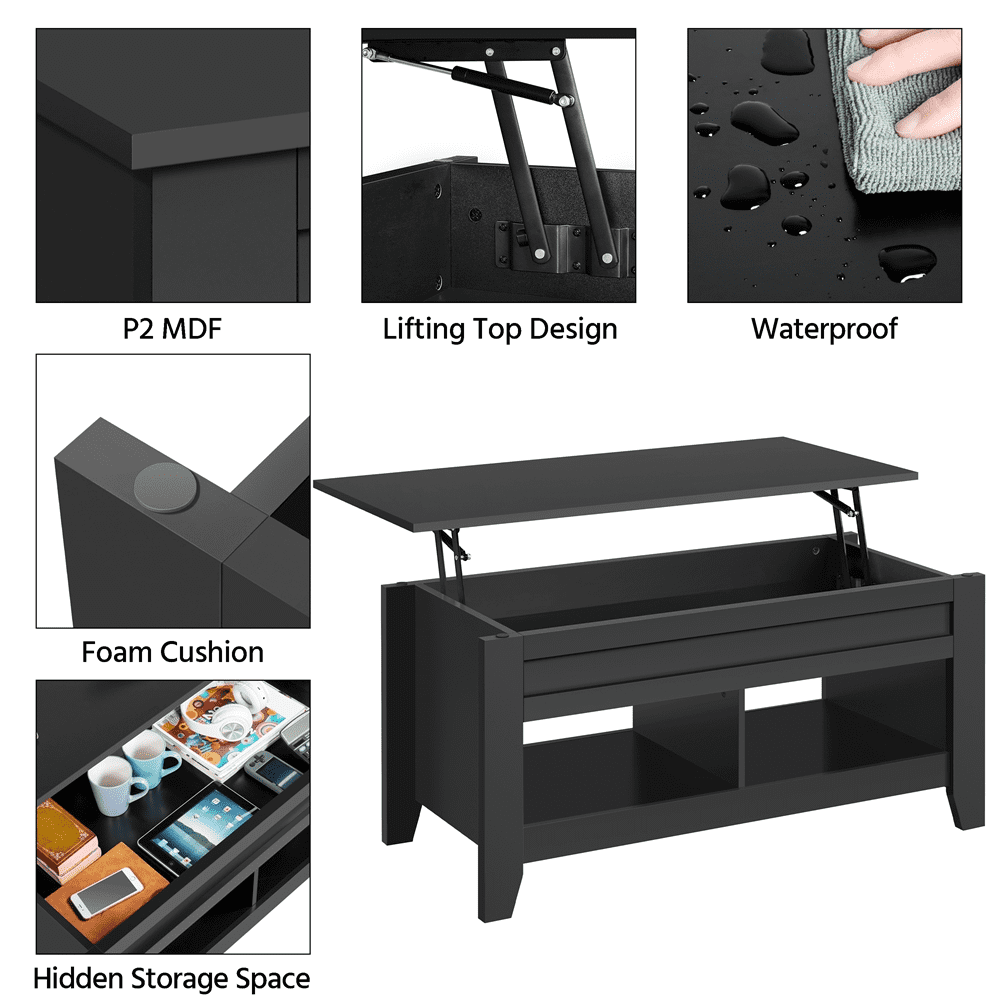 FullFurnique 41" Lift Top Coffee Table with Hidden Compartment & 2 Open Shelves