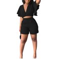 thumbnail image 4 of Mikilon Womens Oversized Stylish Outfits 2 Piece Set Ruffle Short Sleeve V-Neck Top Casual Shorts Summer Plus Size Suit Ruffle Short Sleeve V-Neck Top Casual Shorts Summer Plus Size Suits Black L, 4 of 8