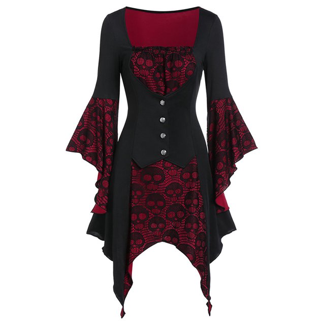 DYMADE Halloween Women Skull Button Gothic Irregular Top Cosplay Party Wear