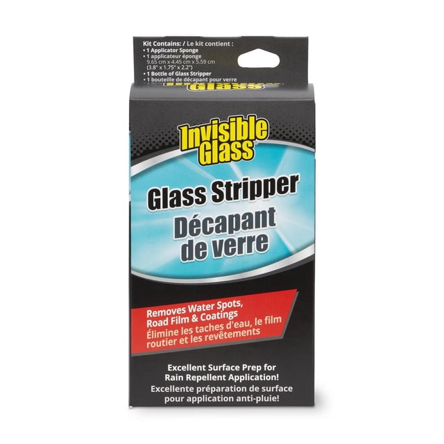 INVISIBLE GLASS Glass Stripper Kit box with bilingual text stating it removes water spots, road film, and coatings from glass, providing excellent surface prep for rain repellent application, ideal for paint tool accessories in home improvement.