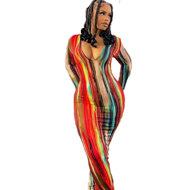 Tralilbee Robe à Rayures Colorées pour Femme Grande Taille, Design Mode, Nouvelle Robe Moulante Aguichant à Manches Longues et Col en V, Tenue Décontractée pour Fête, Coupe Ajustée, Longue, Fête