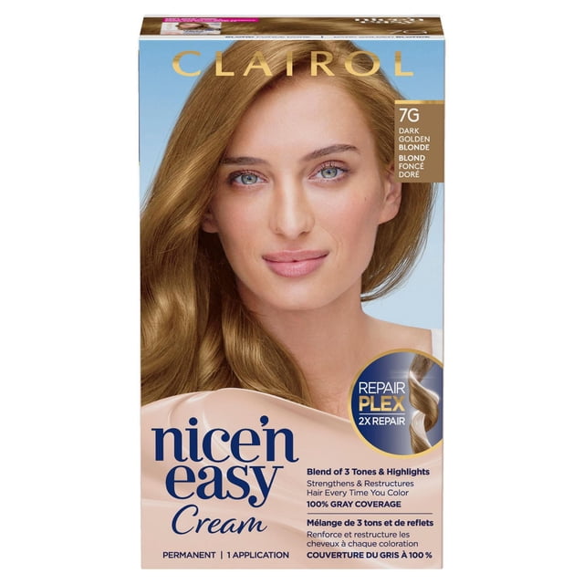 Clairol Nice'n Easy Permanent Hair Dye in 7G Dark Golden Blonde with a cream formula blending 3 tones and highlights for natural-looking color. Includes Repair Plex for 2x hair repair, 100% gray coverage, and one application for lasting strength and shine.