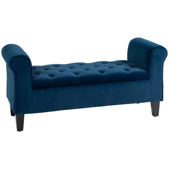HOMCOM Banc Ottoman Rembourré avec Rangement, Banc de Bout de Lit avec Accoudoirs, Bleu