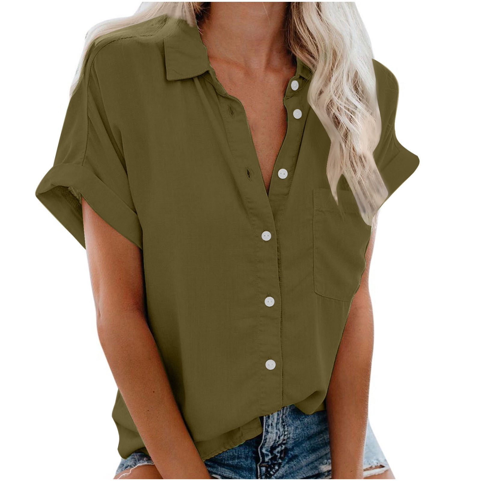 Timegard Womens Tops Button down Short Sleeve Lapel V-Neck Top Summer Casual Shirts with Pockets Blouse