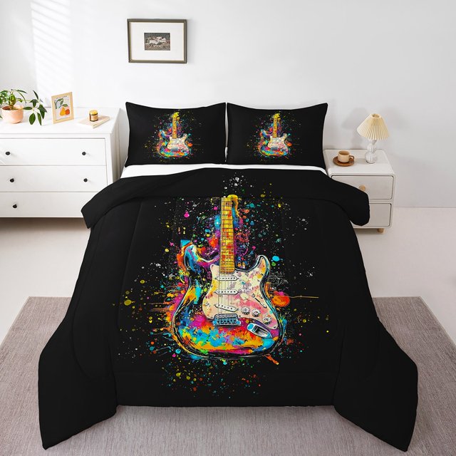 Erosebridal Ensembles de Couette Graffiti Guitare Format Simple, Couette en Duvet Musique Rock Hip-Hop, Réversible 2 Pcs