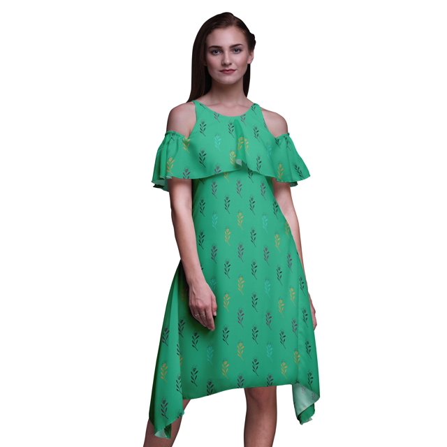 Bimba Robe à Volants Imprimée Feuilles Vertes pour Femmes Épaules Dénudées - TTG