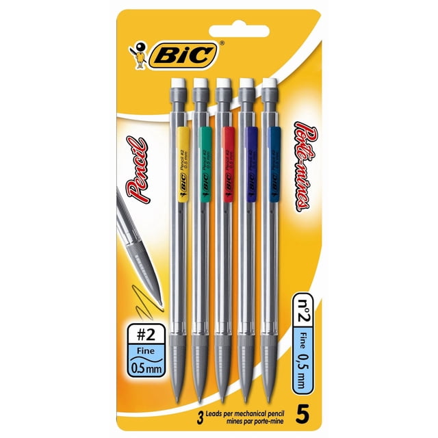 BIC Trousse de Crayons Mécaniques Extra-Précis avec Cinq Crayons à Baril Métalliques Comprenant des Mines Fines de 0,5 mm #2 en Couleurs Assorties pour Pinces Jaune, Vert, Rouge, Violet et Bleu, Chacun avec une Gomme Blanche et un Mécanisme de Mine Rechargeable, Idéal pour une Écriture, un Dessin et des Tests Précis.