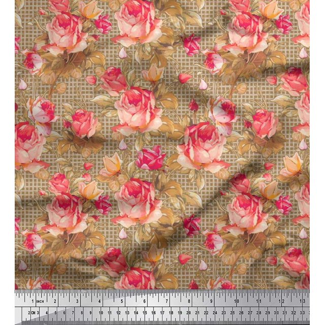 Soimoi Poly Georgette Fabric Check,Leaves & Rose Floral Printed Fabric 1 Yard 52 Inch Wide