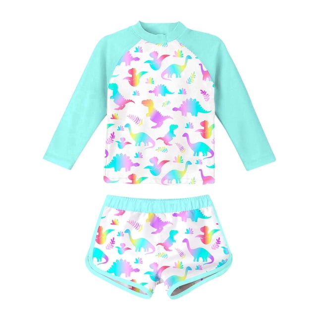 Kid Girls Rash Guard Bathing Suits Cute Long Sleeve Sun Protection Girls Summer Swimsuit 8-9 Years. This two-piece swimsuit features a long-sleeve rash guard top and matching shorts with a vibrant multicoloured dinosaur print. The top has aqua blue sleeves and a high neckline for added sun protection. The shorts have an elastic waistband and aqua blue trim for a comfortable fit. Ideal for pool and beach activities, this swimsuit is designed for girls aged 8-9 years.