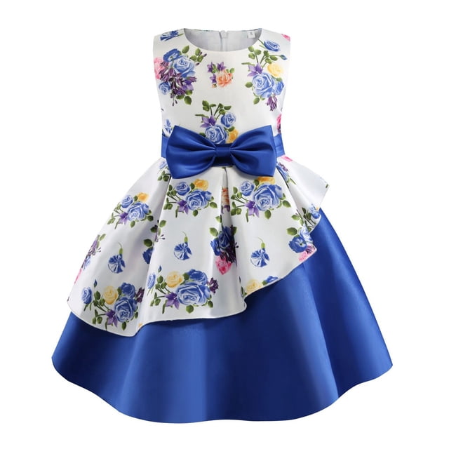 Robes pour Filles Sans Manches Robe de Concours Fête d'Anniversaire Imprimés Floraux Nœud Papillon Robe de Princesse Fille Bleue 7-8 Ans