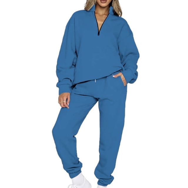MAWCLOS Women Jogger Sets Long Sleeve Tracksuit Set Solid Color Two Piece Outfit Breathable Sports V Neck Sweatsuits Blue XL