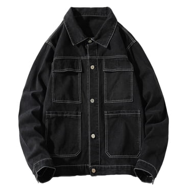 IROINNID Mens Denim Jacket Discount Loose Retro Denim Clothing Youth Jacket Long Sleeve Hoodless Outwear,Black