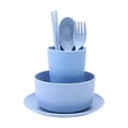 thumbnail image 2 of 6-Piece Reusable Tableware Set, Eco-Friendly Straw Material Heat-Resistant Portable Cutlery, Stackable Bowl Cup Spoon Fork Chopsticks for Home Travel Camping, Blue, 2 of 6