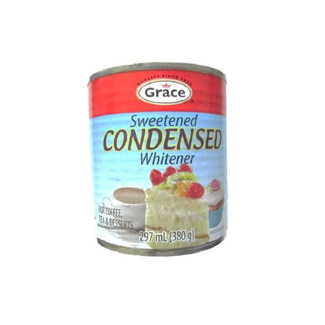 Grace Sweetened Condensed Whitener can with red and light blue label featuring a coffee cup, fruit-topped cake slice, and cupcake, containing 297 ml (380 g) of sweetened condensed milk suitable for coffee, tea, desserts, and often used as a baking ingredient.