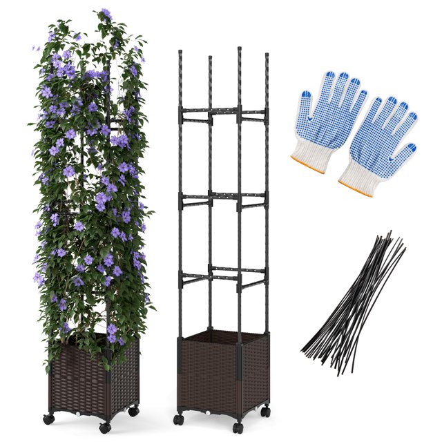 Gymax Jardinière Surélevée de 87 Pieds' de Hauteur avec Bac à Plantes et Treillis, Roues Verrouillables, Intérieur Extérieur