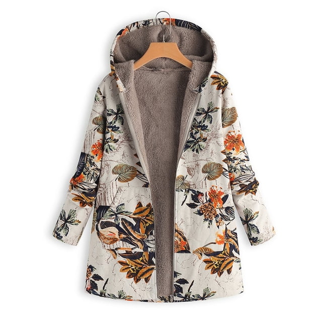 Lolmot women's outerwear coat featuring a multicoloured floral pattern, hood, and open front design. The coat has a soft, plush inner lining in a neutral tone for added warmth and comfort, making it ideal for casual wear during cooler seasons.