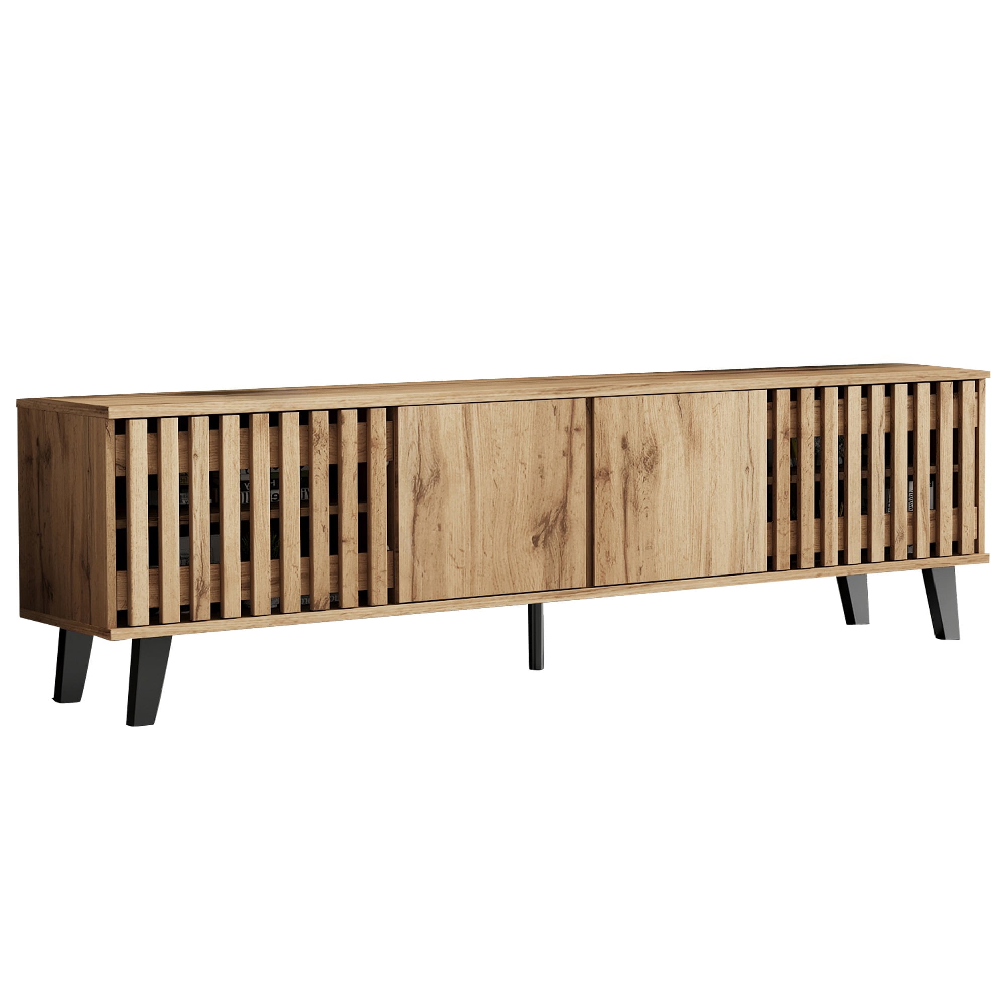 Homy Casa 65" Fluted Mid-Century TV Stand with 4 Doors and 8 Shelves for 32–65" TVs, Natural Wood