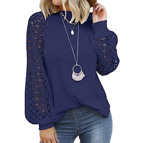 T-shirts Décontractés à Manches Longues pour Femmes, Bleu Marine, L