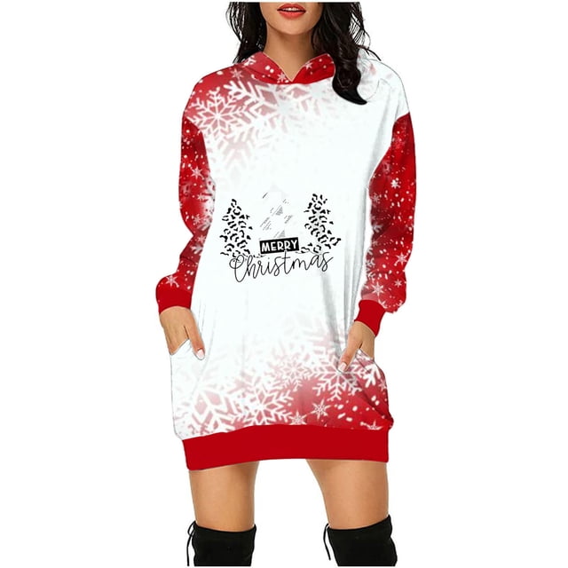 Jsaierl Robe à Capuchon de Noël pour Femmes, Robe de Chandails à Capuchon, Robe Tunique de Noël à Manches Longues, Chandails à Capuchon Surdimensionnés avec Poche