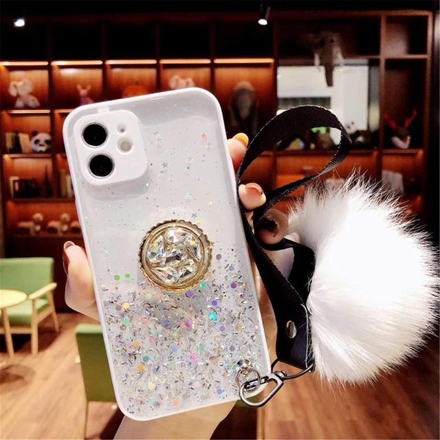 Bague Pailletée avec Support Compatible avec Bling Sparkle Diamond, Support en Strass et Sangle de Poignet en Fourrure pour Filles et Femmes (iPhone TPMAX)