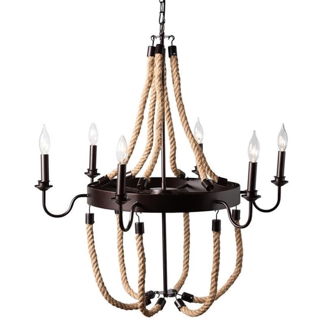 Baxton Studio Cassia Hemp and Dark Bronze Metal 6 Light Chandelier