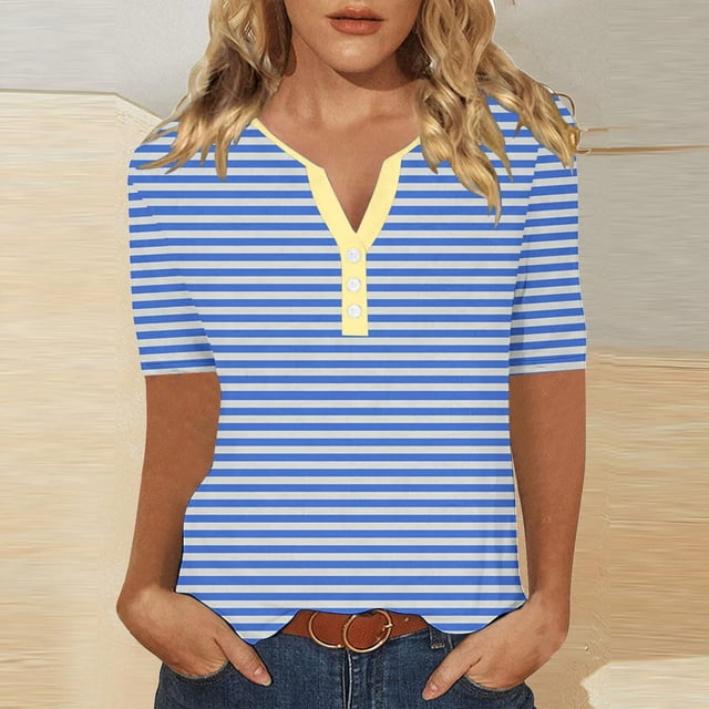 LOVZFMLL T-Shirts d'Été pour Femmes Mode à Rayures Imprimées Manches Courtes Blouse-Col T-Shirt Décontracté à Boutons