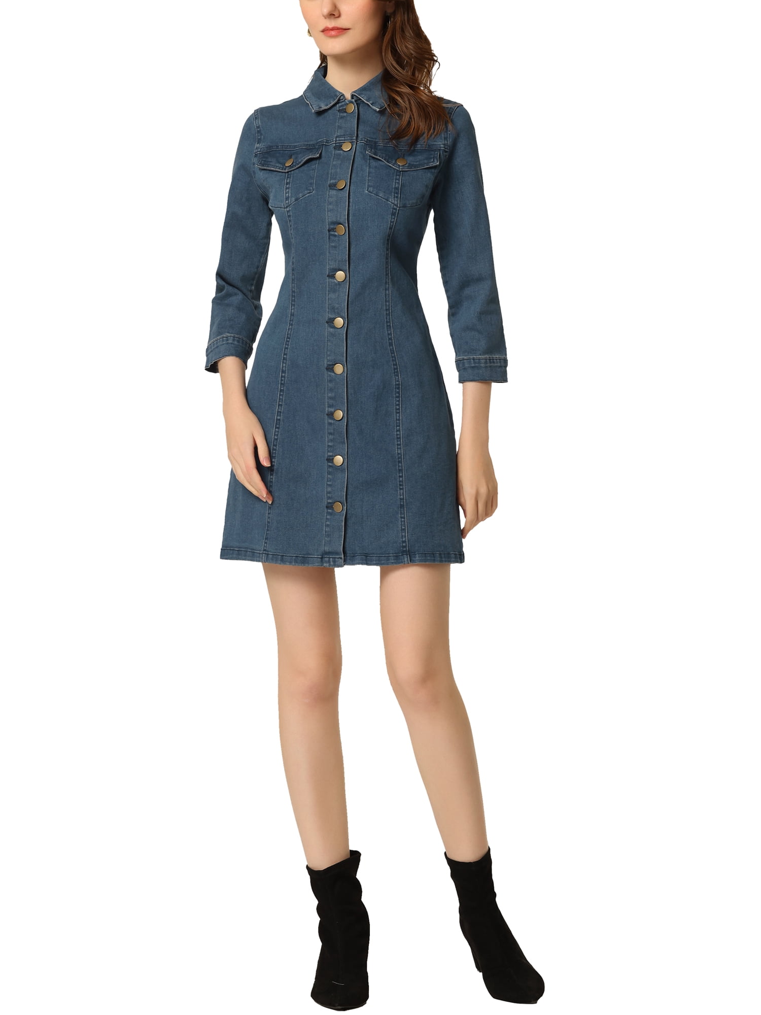 INSPIRE CHIC Robe en Denim pour Femme Manches 3/4 Boutonnée Mini Robe Chemise en Jean m Bleu Moyen