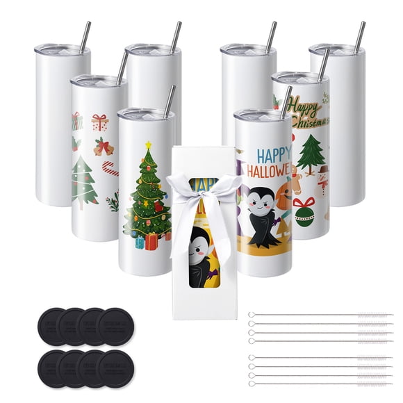 VEVOR 8 Pack Sublimation Tumblers 20 Oz Skinny Straight, Stainless Steel Sublimation Tumblers Blank, Stainless Steel Double Wall Tumbler for Heat Transfer Customized Gifts