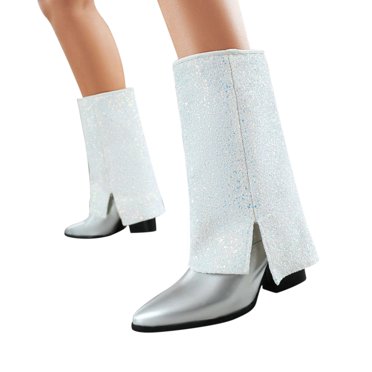 LSLJS Women's High-Heels Knee High Boots, Current Season Winter Women's Boots Sequined Pointed Toe Chunky High-heeled Mid-boots, Women's Knee-High Boots