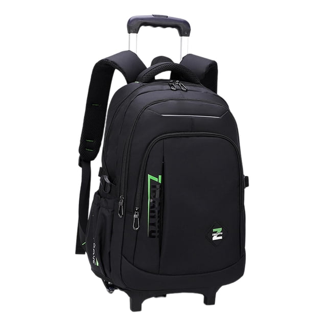 Bunblic Rolling Backpack Trolley Suitcase in green with two small wheels, featuring a removable trolley, adjustable shoulder straps, and a sturdy handle. Made of wear-resistant and water-resistant nylon, it measures 33cm x 20cm x 50cm (12.99in x 7.87in x 19.69in). The backpack includes multiple compartments and smooth zippers for organized storage, suitable for business, travel, camping, and overnight use.