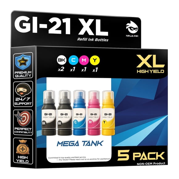 NINJA INK Compatible Replacement for Canon GI-21 Ink Cartridges gi21 Ink Bottle Black Refill MegaTank - PIXMA G1220 G1230 G2260 G2270 G3060 G3260 G3270 G3290 G4270 G4280 (5 Pack)