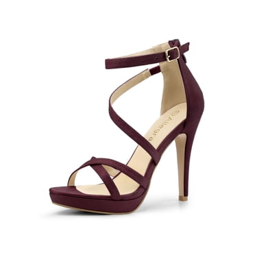 BLISSFUL STEP Women's Shoes Strappy Stiletto Heels Platform Ankle Strap Open Toe Faux Suede Sandals Burgundy 10