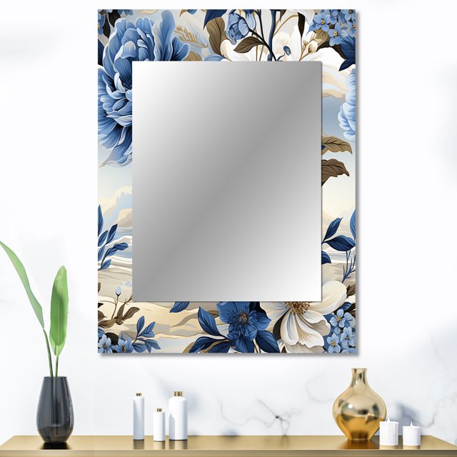 Designart "Victorian Coastal Tranquility Classic Pattern I" Floral Wall Mirror, Printed Blue Wall Mirror, Traditional Bathroom Wall Mirror, Decorative Floral Mirror - 30x40 Inch