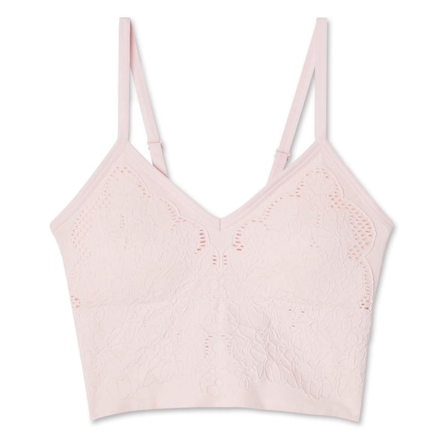No Boundaries Women's Seamless Longline Bra in light pink with adjustable straps and V-neckline, featuring floral lace front and seamless design for junior fit bralette comfort and everyday wear.