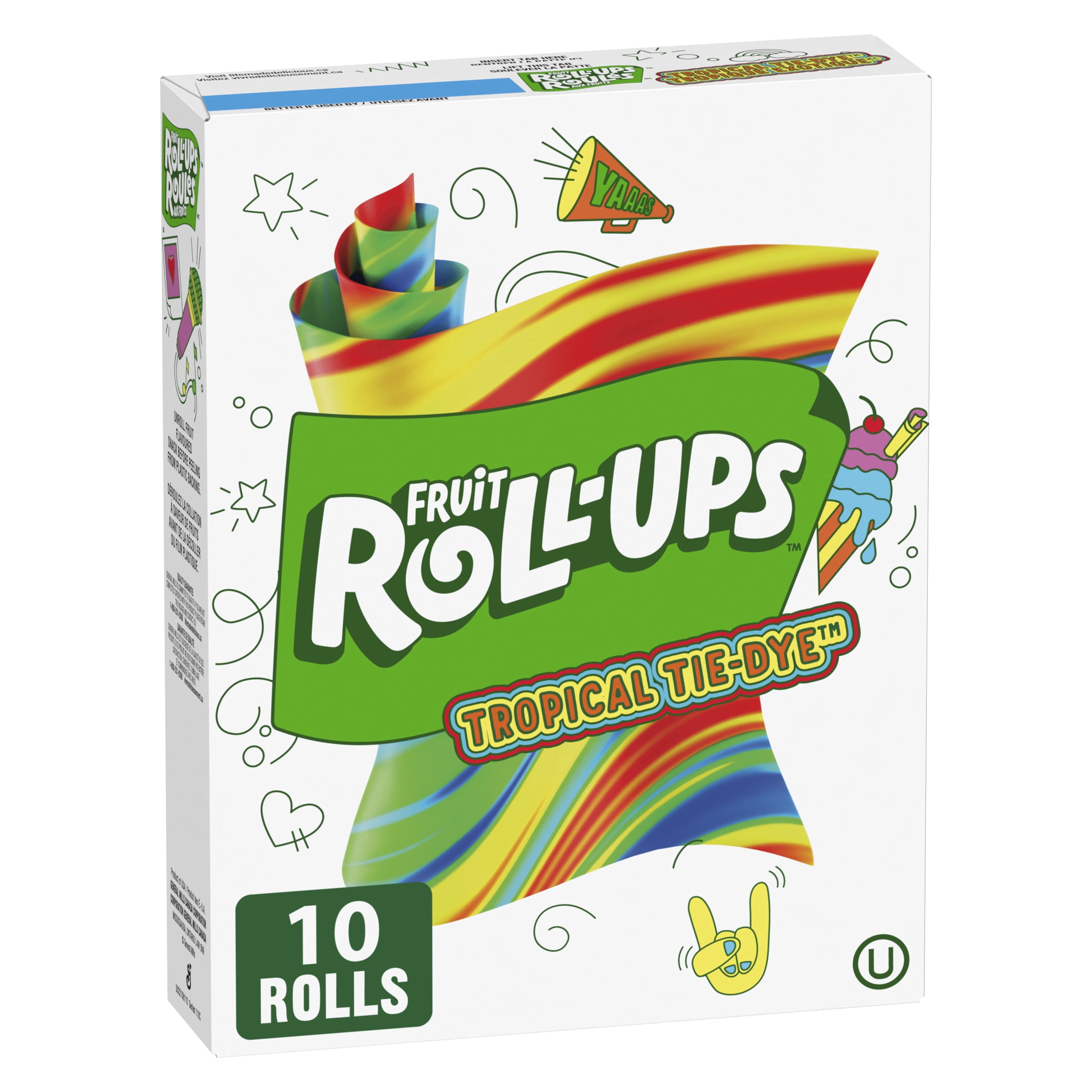 Fruit Roll-Ups Collations Aromatisées aux Fruits, Tropical TiDye, Sans Gluten, 10 Rouleaux