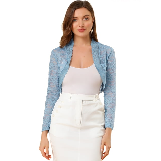 INSPIRE CHIC Cardigan Court Ouvert à l'Avant à Manches Longues en Dentelle Florale Transparente pour Femme
